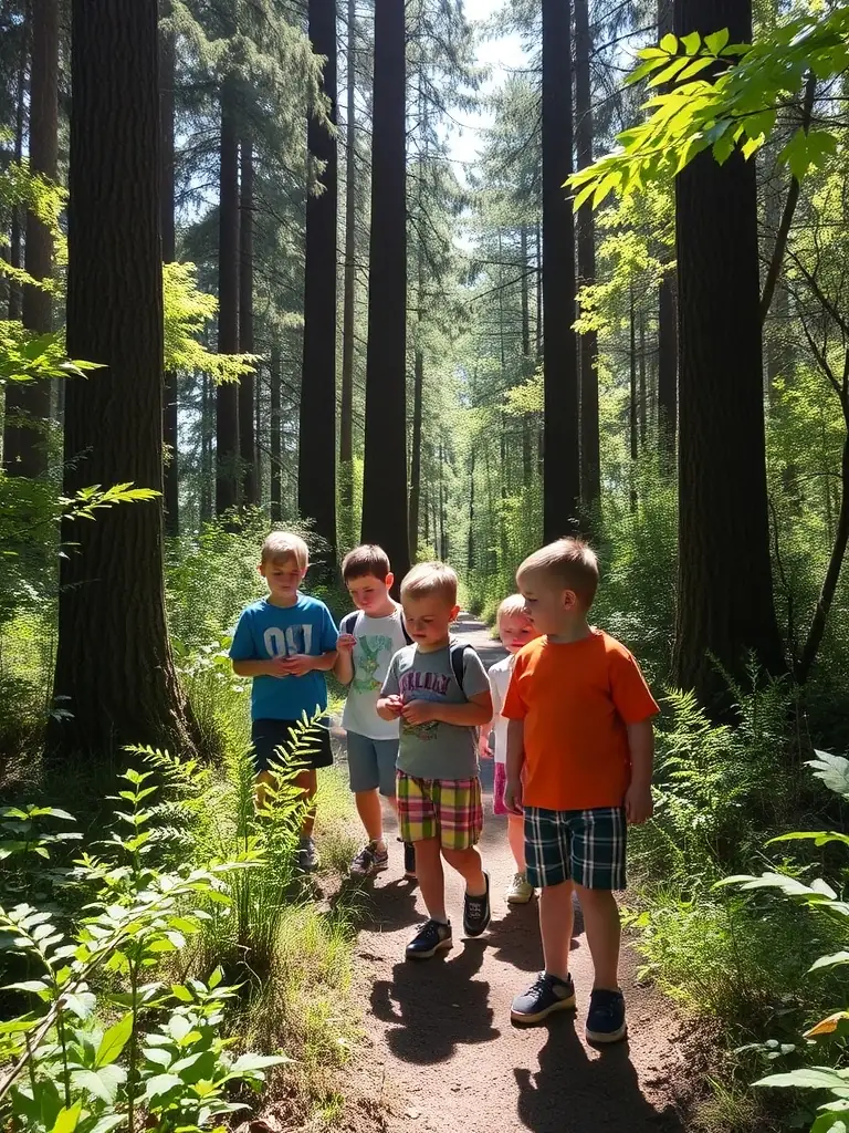 A group of children participating in a guided nature walk, led by an ASSOCIATION SENTIER GAIA educator, exploring a forest trail and learning about local flora and fauna.