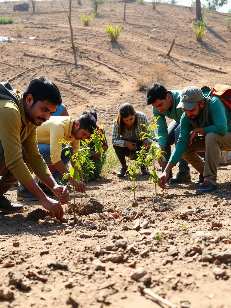 Volunteers planting trees in a deforested area as part of ASSOCIATION SENTIER GAIA's reforestation project, demonstrating their commitment to environmental restoration and biodiversity conservation.