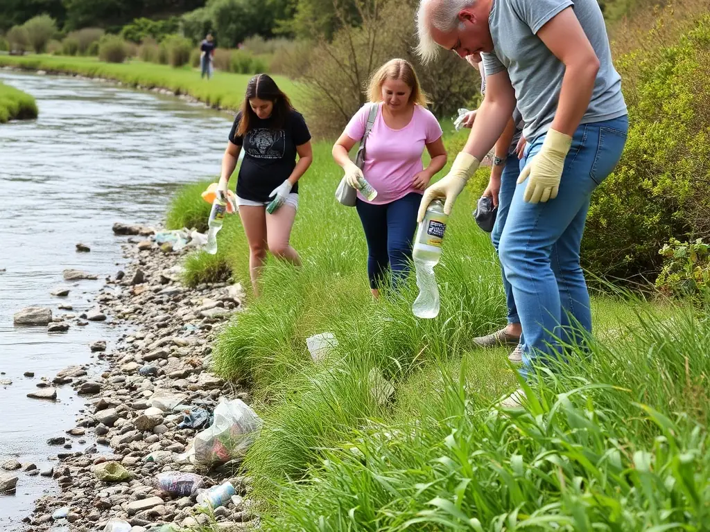A dynamic image of volunteers cleaning up a local riverbank, removing trash and debris, symbolizing the organization's commitment to environmental conservation and community involvement.