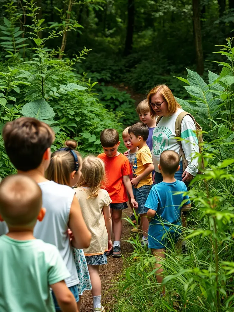 A group of children participating in a nature walk, led by an ASSOCIATION SENTIER GAIA educator, exploring a forest trail and learning about local flora and fauna.