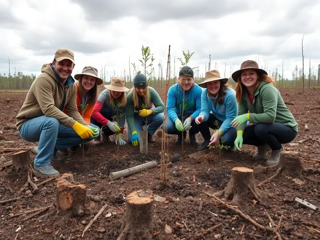 A group of volunteers planting trees in a deforested area, symbolizing reforestation efforts and community involvement in environmental restoration.