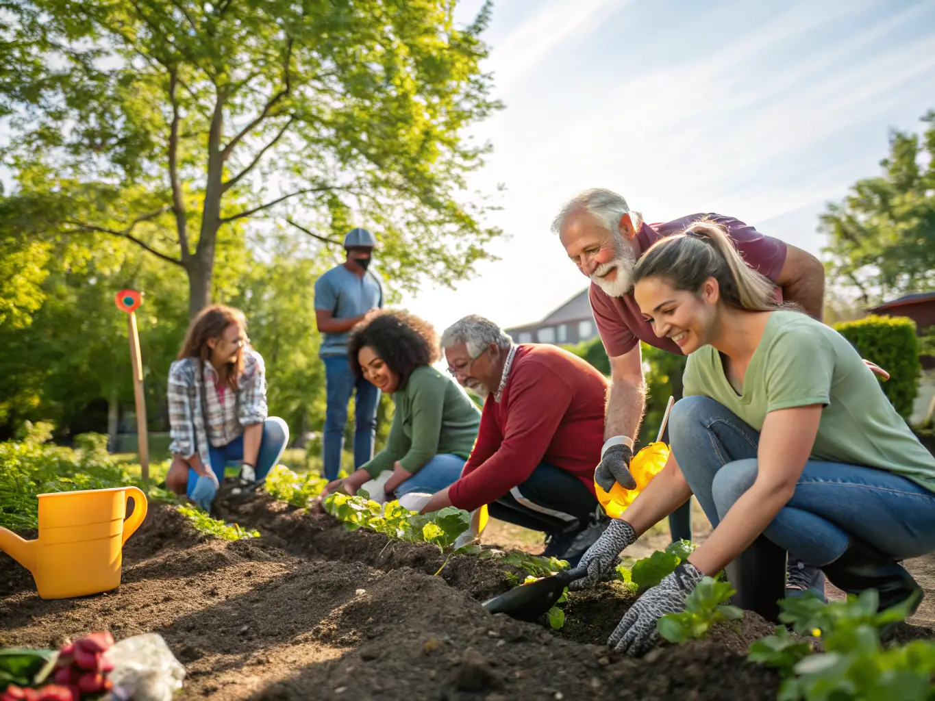 A heartwarming image of elderly volunteers teaching young children about local plant species in a community garden, showcasing intergenerational knowledge transfer and community engagement.