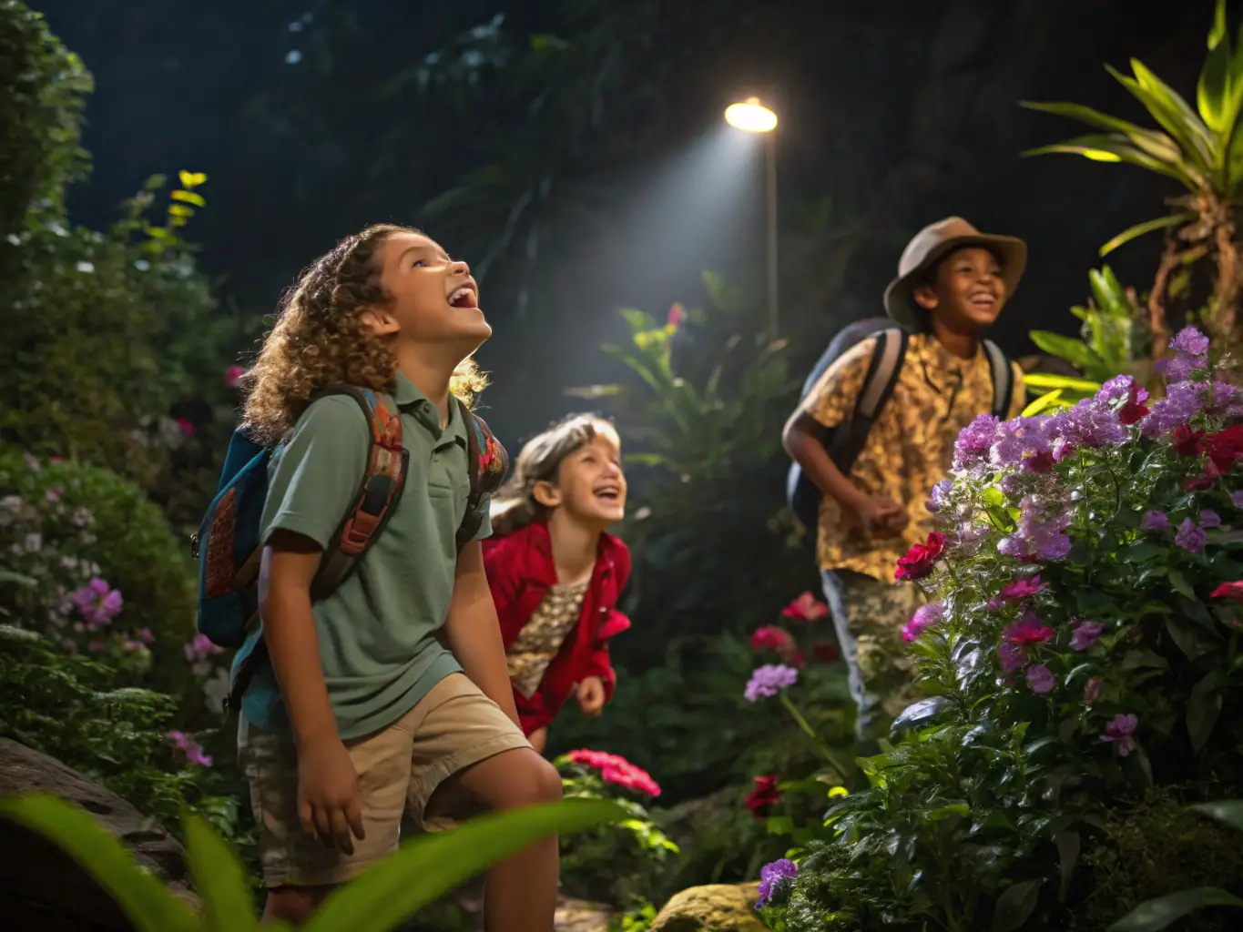 A vibrant image of children and adults participating in a guided nature walk in a lush forest, engaging with natural elements and learning about local flora and fauna.